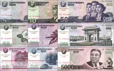 Nordkorea: 5 - 5.000 Won - 100 Jahre Kim Il Sung (9 Banknoten)