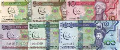 Turkmenistan: 1 Manat - 100 Manat Gedenkbanknoten (6 Banknoten)