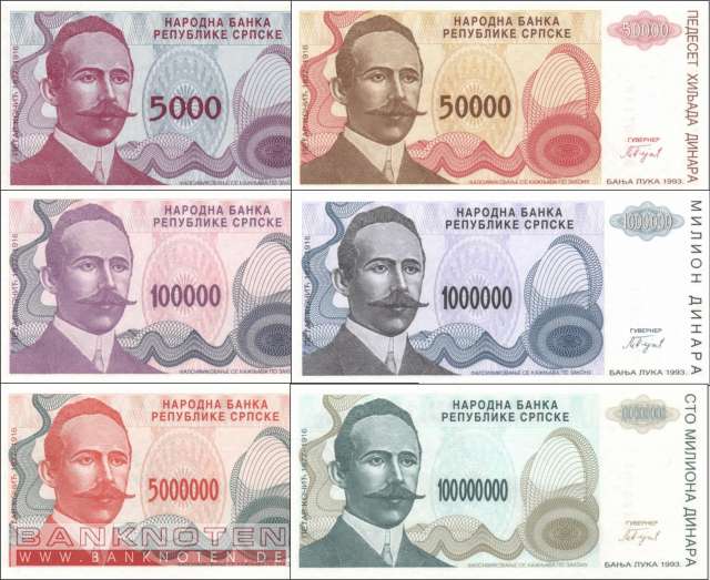 Banknoten De Bosnien Herzegowina Bosnien Herzegowina 5 000 100 Millionen Dinar 6 Banknoten Banknoten