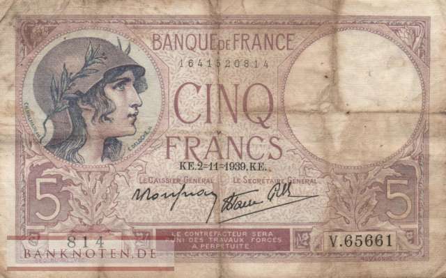 Frankreich - 5  Francs (#083-40_VG)