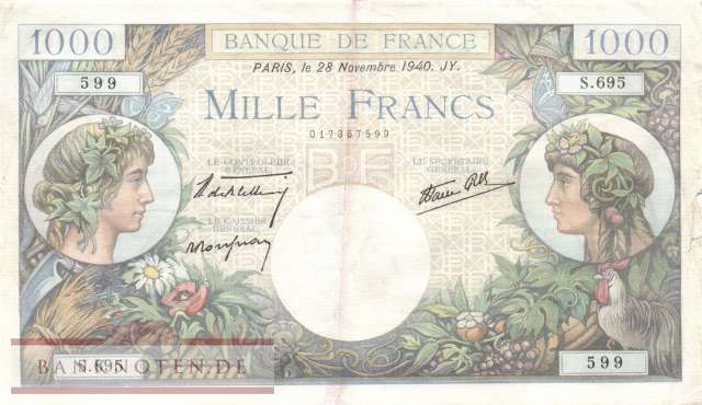 Frankreich - 1.000  Francs (#096a-40_VG)