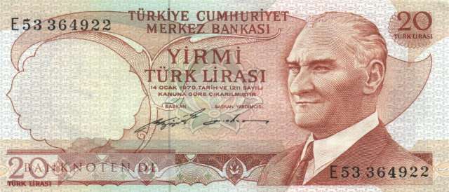 Türkei - 20  Lira (#187a-U1_VF)