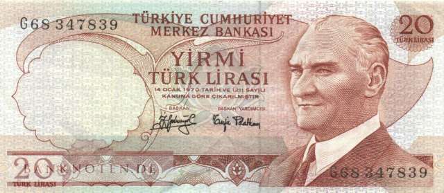 Türkei - 20  Lira (#187a-U2_VF)