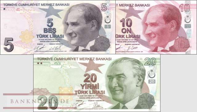 Türkei: 5 - 20 Lira (3 Banknoten)